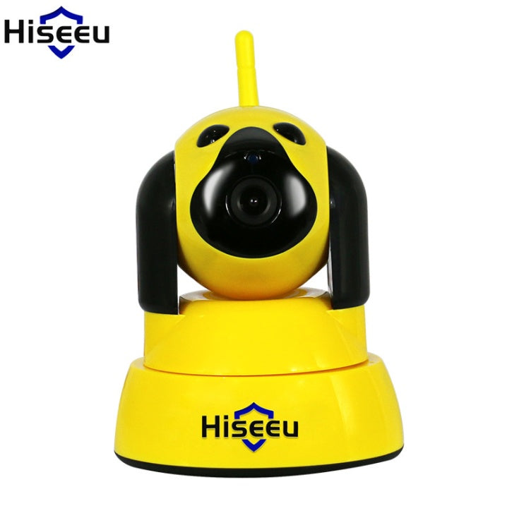 Yellow dog-shaped Wi-Fi home security camera with PTZ control and two-way audio