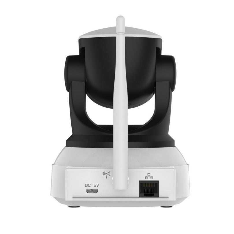 Rear view of a black and white Wi-fi surveillance camera with antenna, DC 5V power port, and Ethernet port