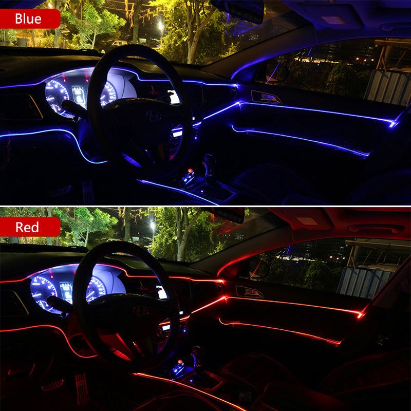 Car interior with blue and red LED strip lights, highlighting neon party decoration feature.
