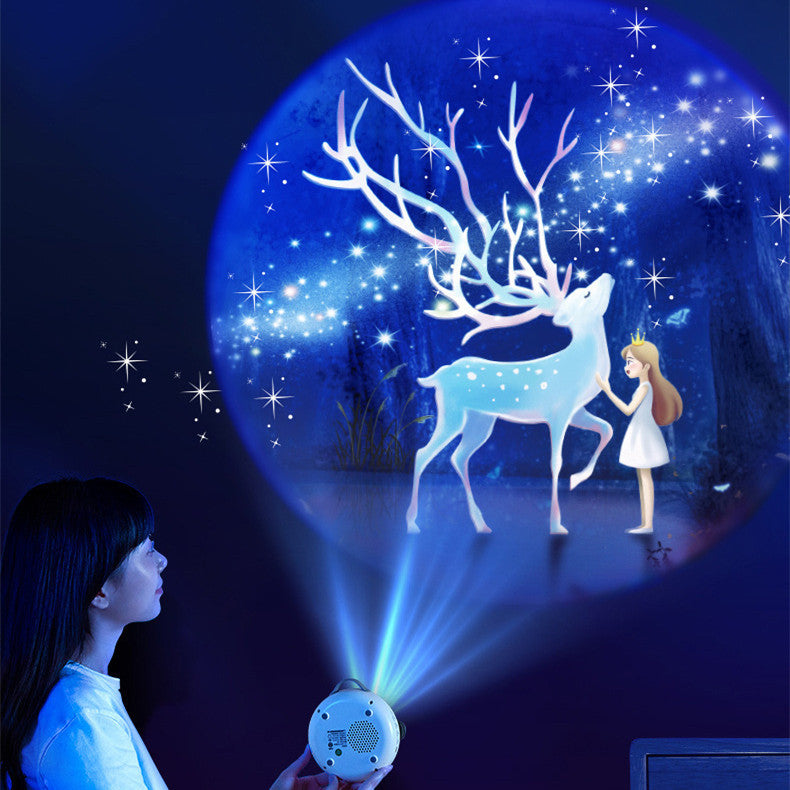 Romantic atmosphere light projecting stars and magical deer scene for bedroom ambiance and photography.