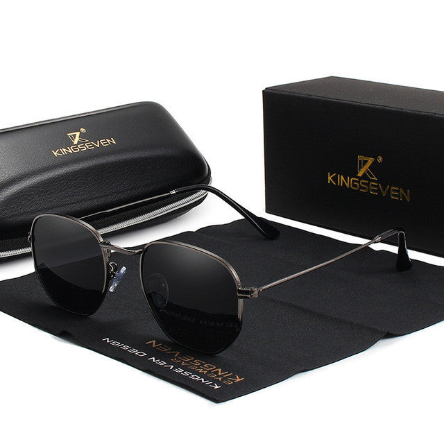 Classic round sunglasses for men with black lenses and metal frame.