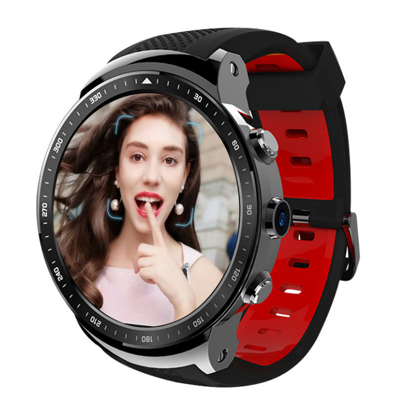 X300 H1 round screen smart watch with red and black interchangeable strap and round display showing a woman's image.