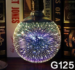 Fireworks decor bulb glowing with colorful light effects on a shelf with books