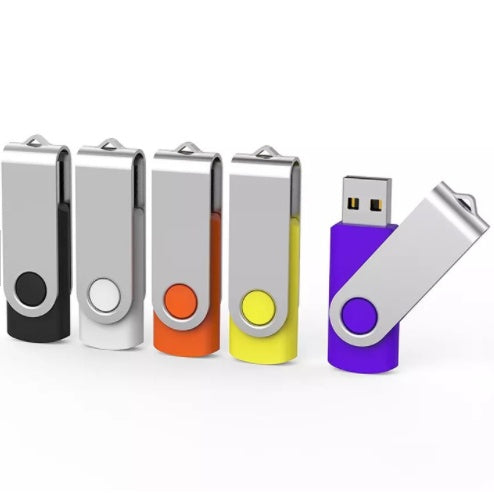 Mobile hard drive USB flash drives in black, white, orange, yellow, and purple colors with metal swivel covers.