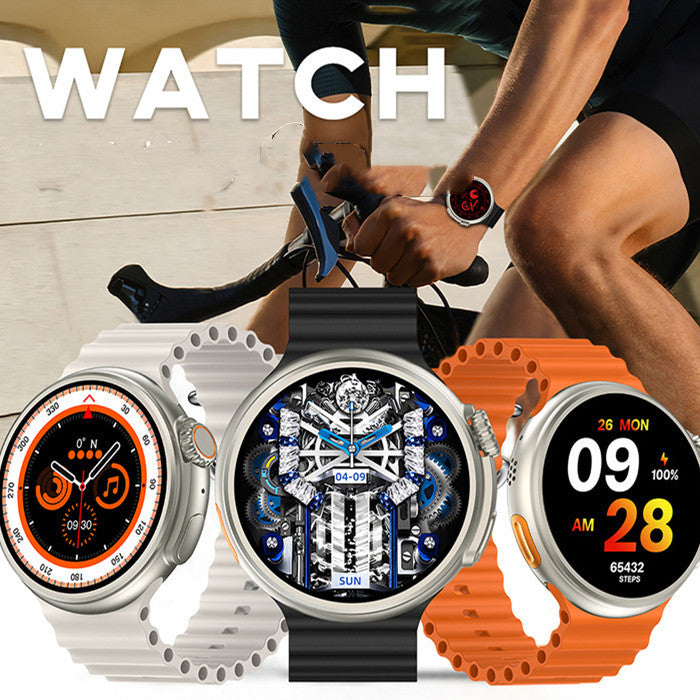 Smart Watch Jerry Second Generation with AMOLED screen, shown in orange, black, and white bands suitable for all ages, features health monitoring and Bluetooth calling.