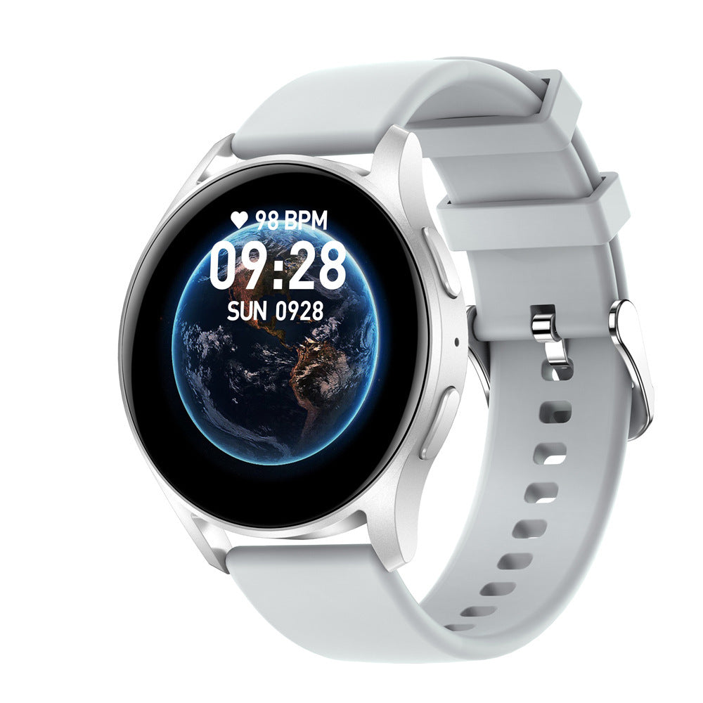 Bluetooth call smartwatch with silver aluminum alloy case and white strap displaying time and heart rate on round TFT screen