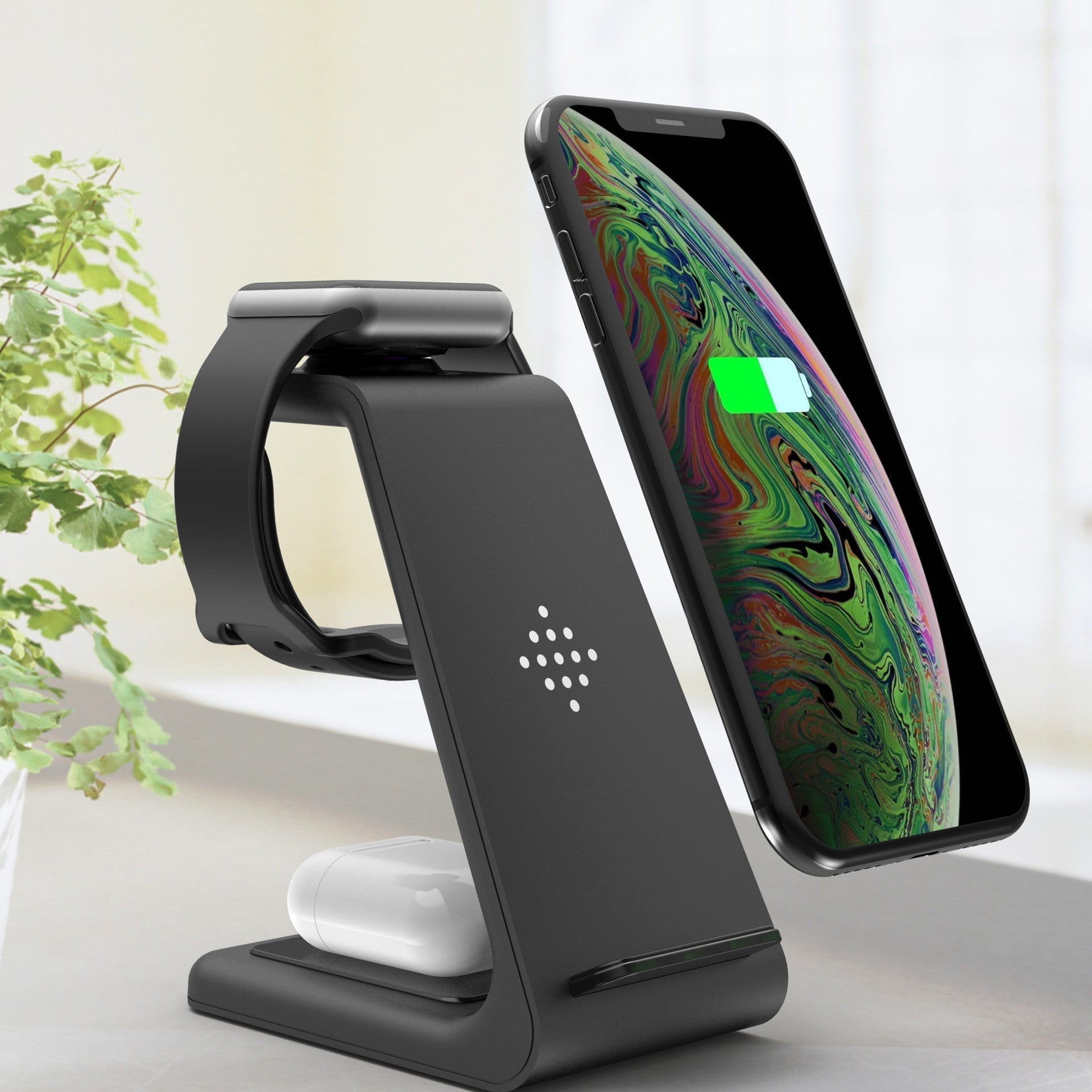 3 in 1 wireless charging station for phone, watch, and earbuds.