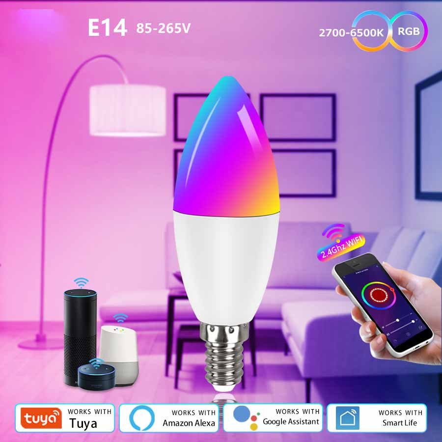 Smart WiFi LED lamp E14 bulb with RGB color, dimmable, remote and voice control compatible with Alexa, Google Home, and Tuya app.