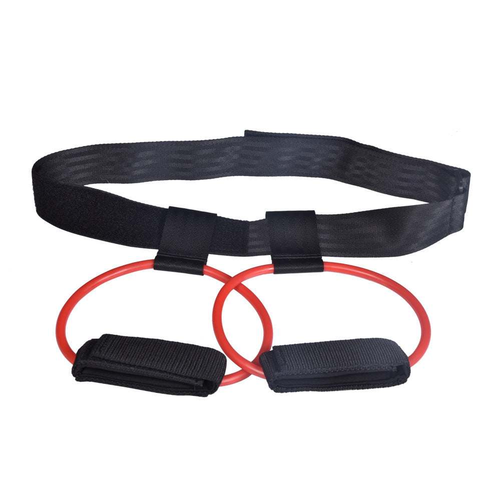 Resistance bands with adjustable waist belt and red natural latex tubes for exercise.