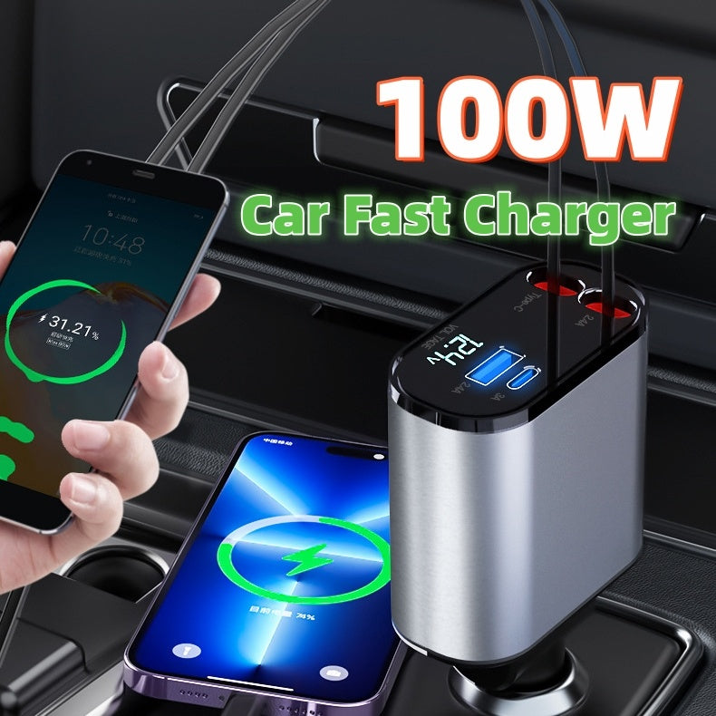 100W metal car charger in use with USB and Type-C ports for fast charging.