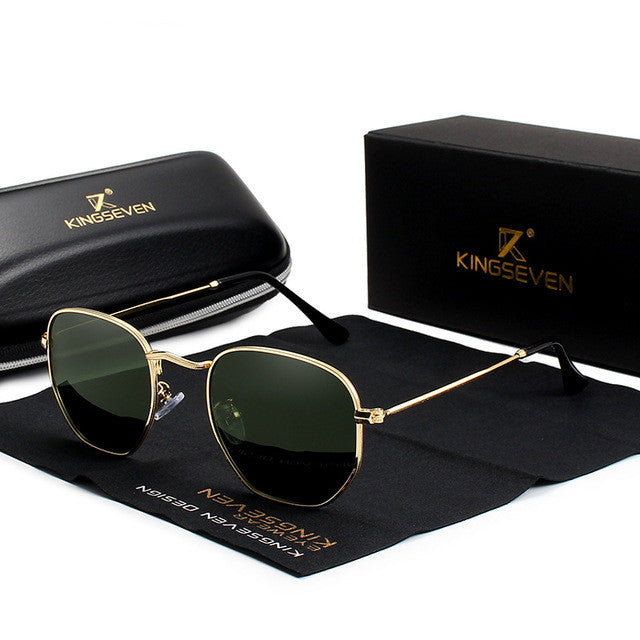 Classic men's retro sunglasses with gold frame and green lenses, includes black carrying case.