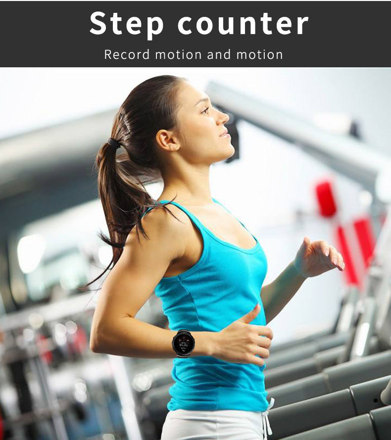X300 H1 round screen smart watch with step counter feature on woman's wrist while running indoors.