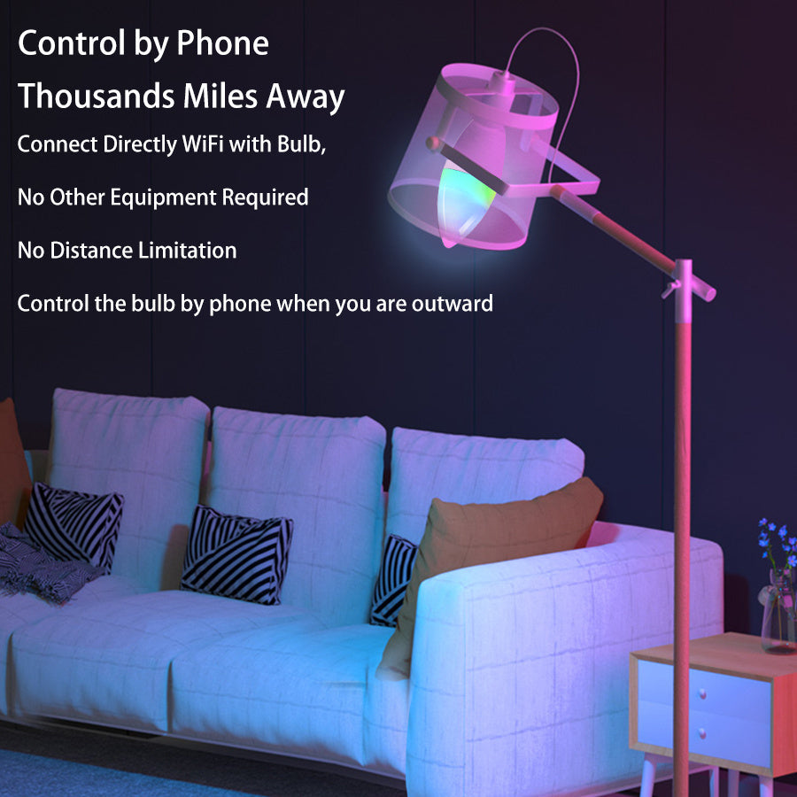 Smart WiFi LED lamp controlled remotely by phone with no distance limitation, shown illuminating a modern living room.