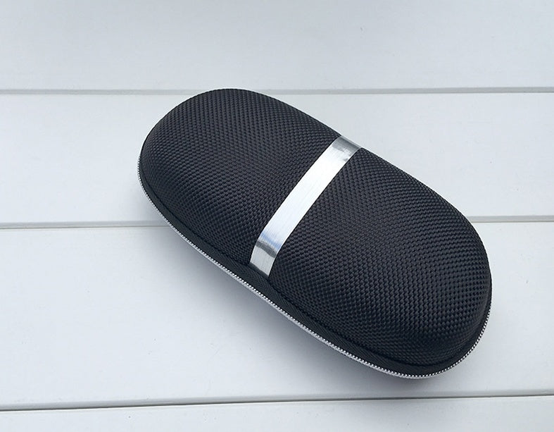 Black hard eyewear case with zipper and lanyard for sunglasses and glasses.