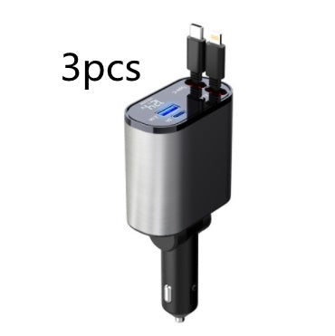 Metal car charger with dual USB and Type-C ports, 3pcs, 100W fast charging adapter.