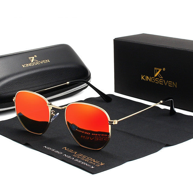 Classic round sunglasses for men with gold frames and red lenses, Kingseven brand.