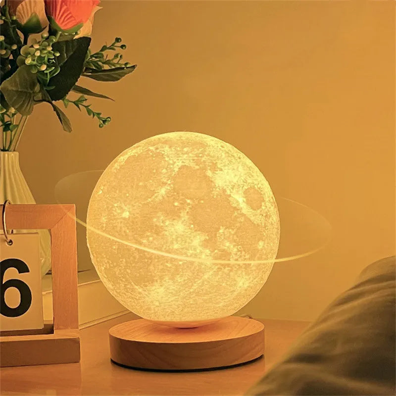 3D magnetic moon lamp with touch control, illuminated in warm light, resting on a wooden base in a cozy room setting.