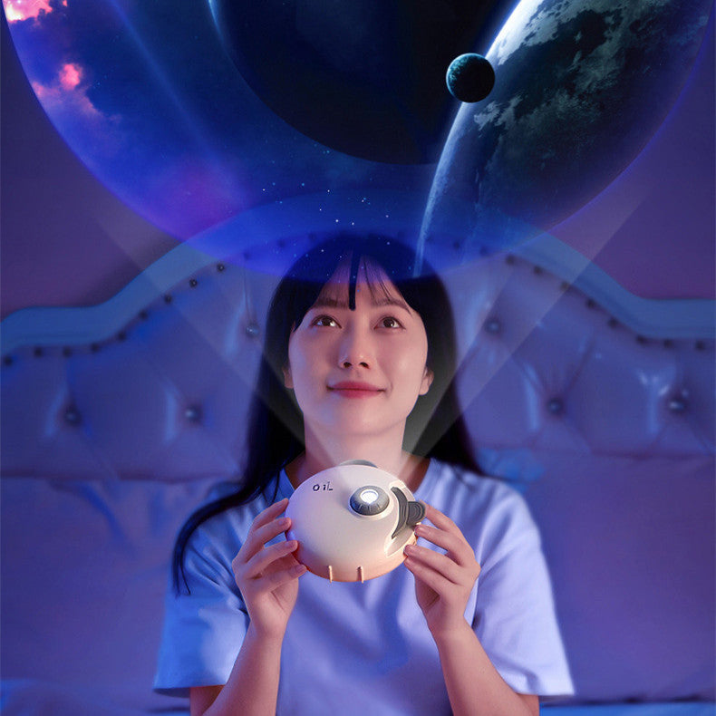 Woman using a modern USB-powered Romantic Atmosphere Light projecting stars and planets onto a bedroom ceiling.
