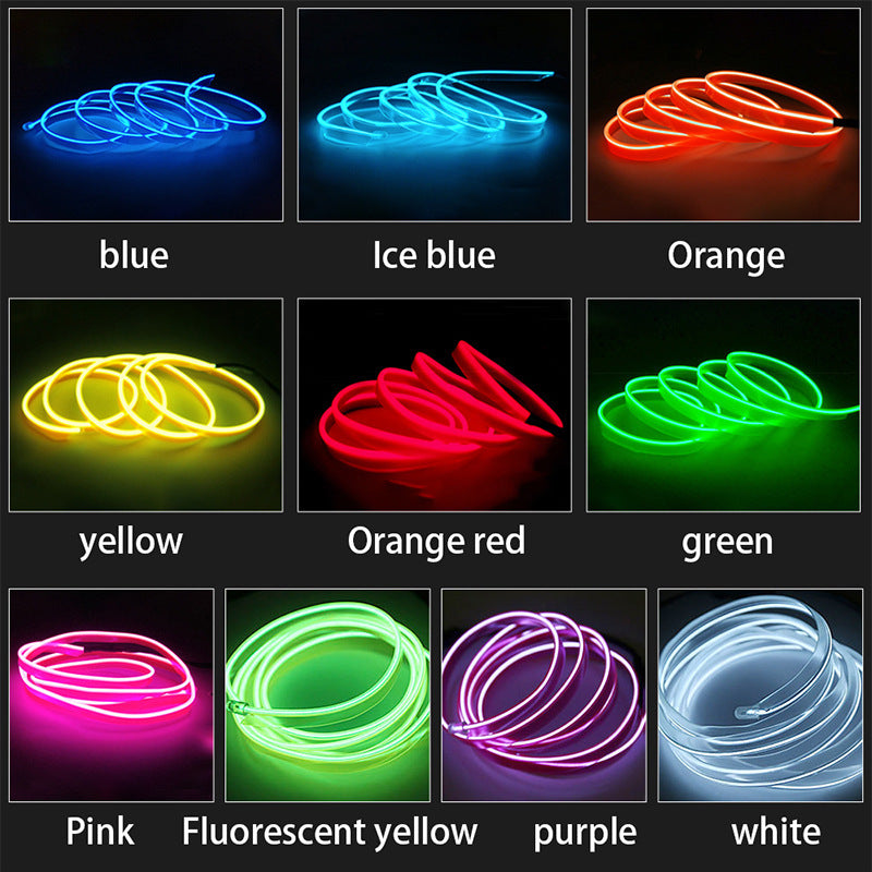Car LED strip lights in various colors including blue, ice blue, orange, yellow, orange red, green, pink, fluorescent yellow, purple, and white for neon party decoration.