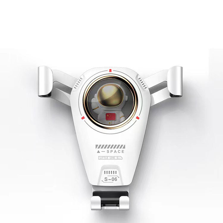 Universal car phone holder with astronaut theme, multifunctional design, 360-degree rotation, metal hook clip, white and black.