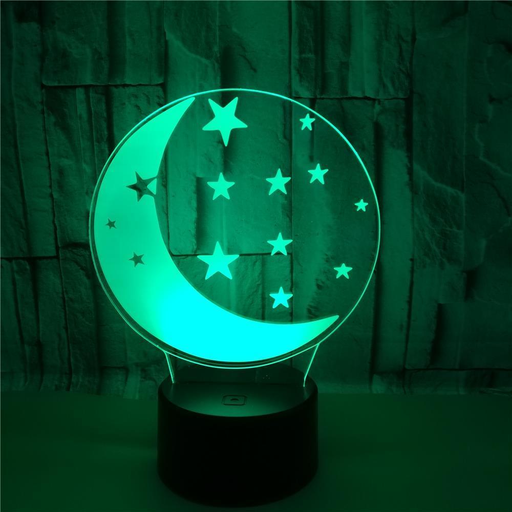 Moon 3D table lamp with LED light and black base, featuring stars and crescent moon design.