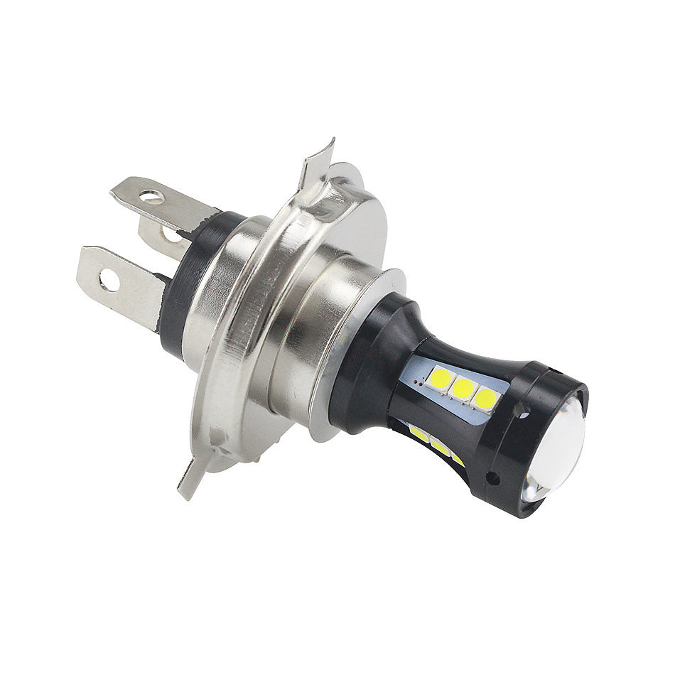 Car LED bulb for motorcycle headlight with aluminum housing, two-color H4 design, 18W power, and waterproof IP67 rating.