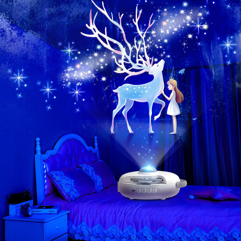 Romantic atmosphere light projecting starry night and animated deer with girl in blue bedroom setting
