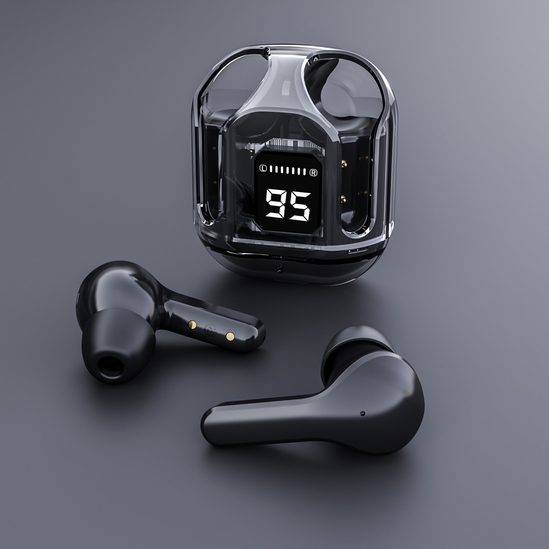Bluetooth 5.3 over-ear headphones with LED display and true wireless stereo sound.