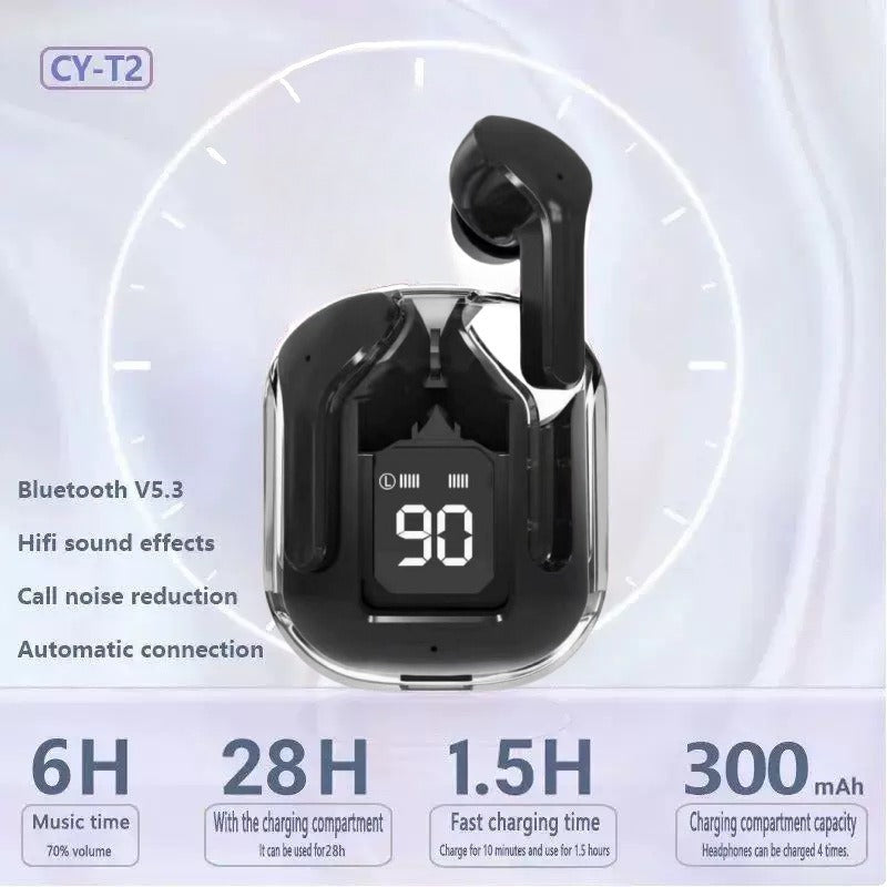 Bluetooth 5.3 Over-ear headphones with LED display showing 90; features include Hi-fi sound, call noise reduction, and automatic connection.