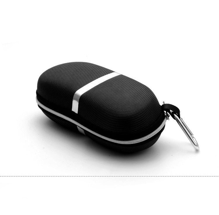 Black sunglasses case for retro aluminum magnesium sunglasses with zipper and carabiner clip.
