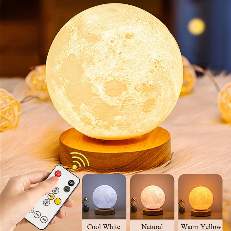 Creative 3D magnetic floating moon lamp with remote control, featuring three color lights for home and office decor.