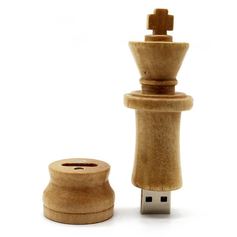 Wooden chess-themed USB pen drive shaped like a king chess piece with removable cap
