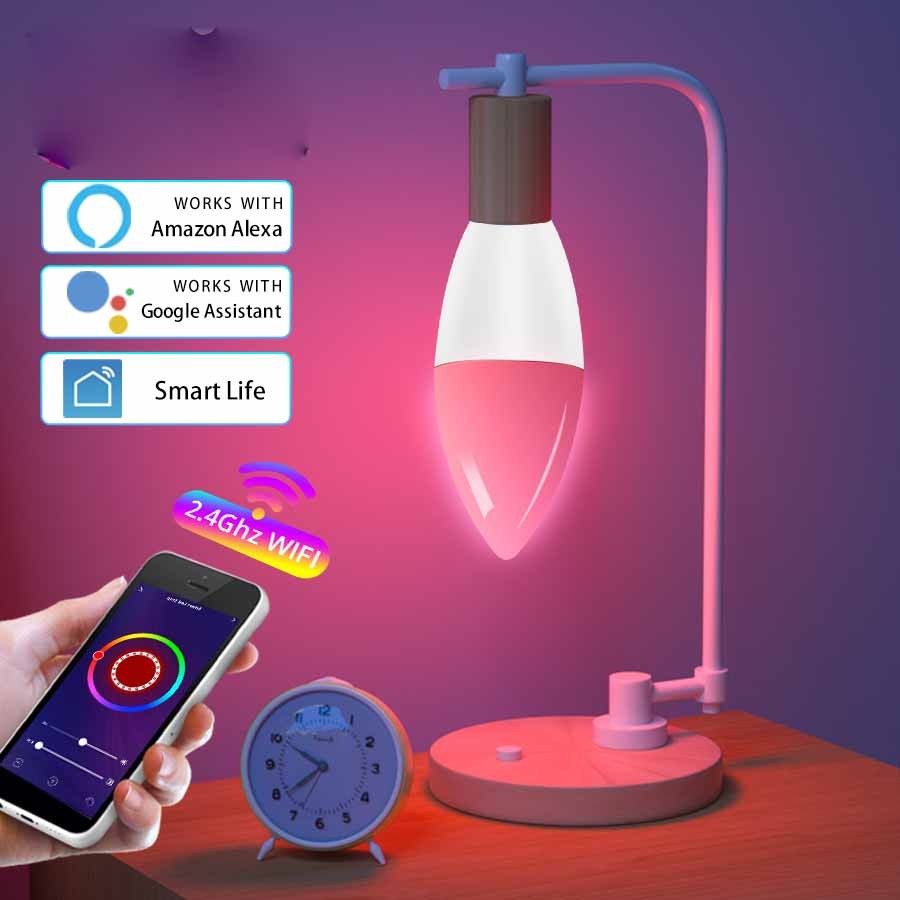 Smart WiFi LED lamp E14 RGB color changing dimmable bulb with voice control and app remote for home decoration