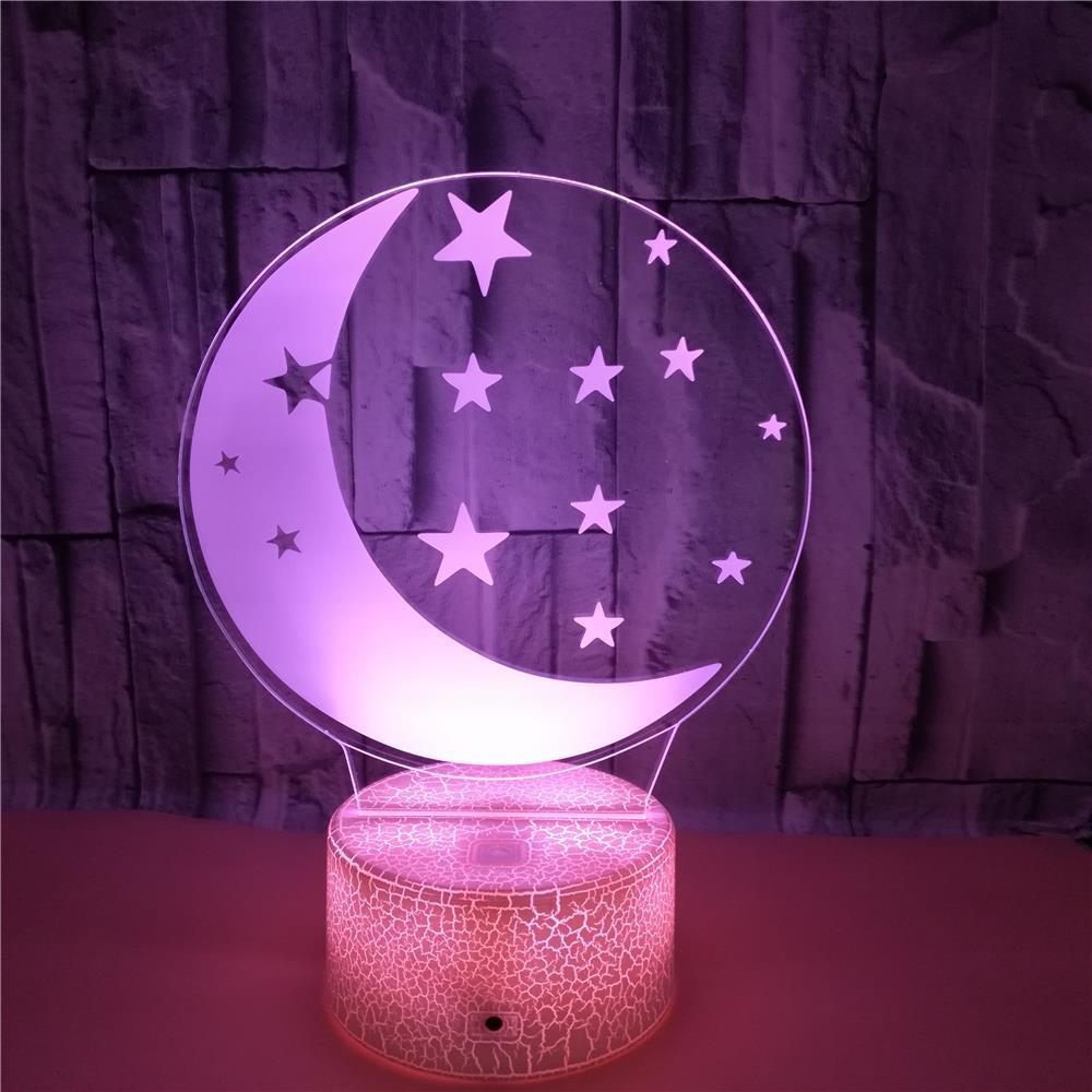 Moon 3D table lamp with a glowing crescent and stars design, crack texture base, ideal for bedside ambiance.