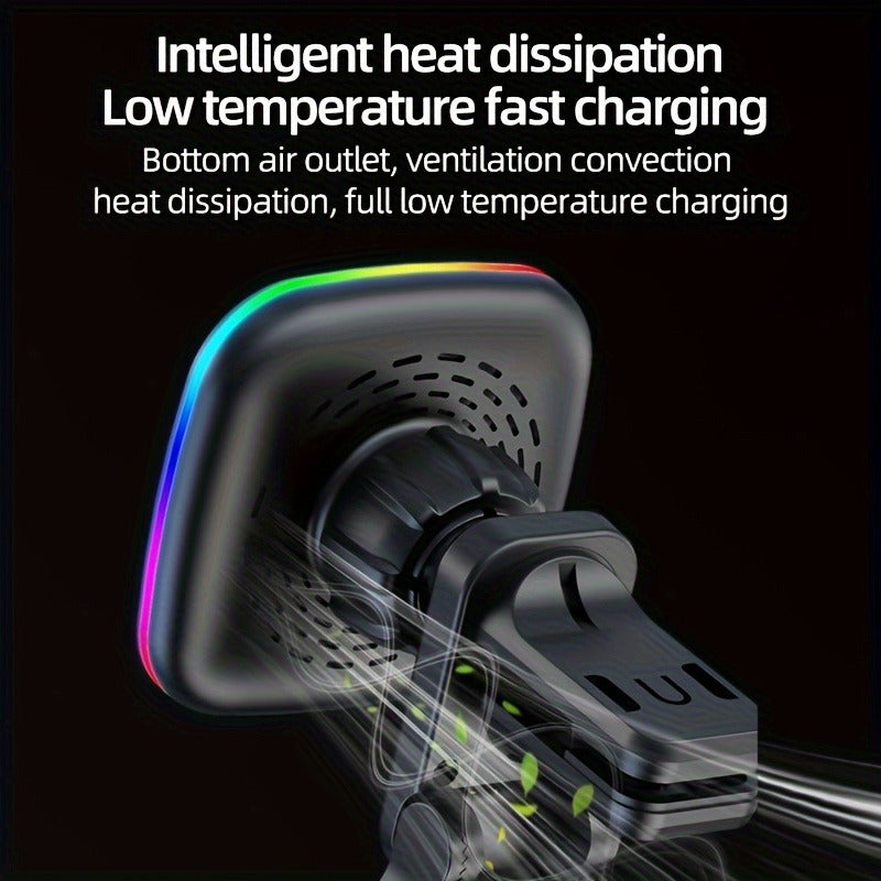 Car wireless charger with heat dissipation and low temperature fast charging features.