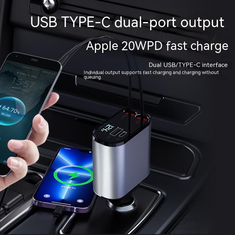 Metal car charger with dual USB and Type-C ports in car dashboard, 100W super fast charging.