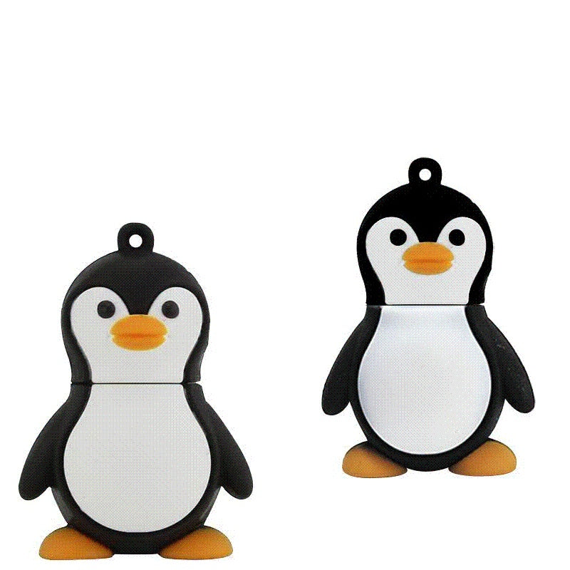 Cartoon penguin shaped USB 3.0 flash drive in black, white, and orange with keychain loop, available in multiple storage capacities.