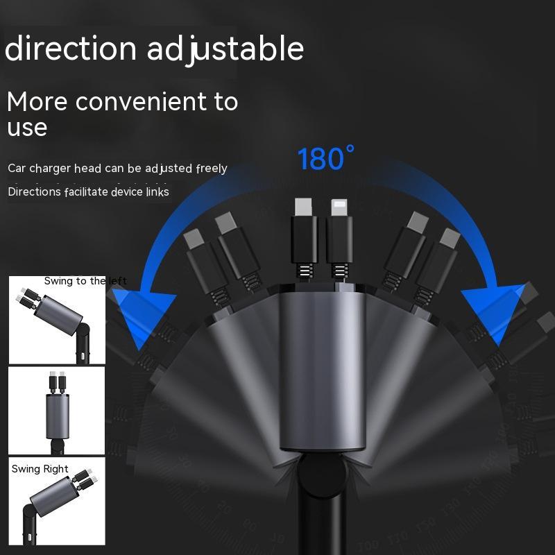 Direction-adjustable metal car charger with USB and Type-C ports.
