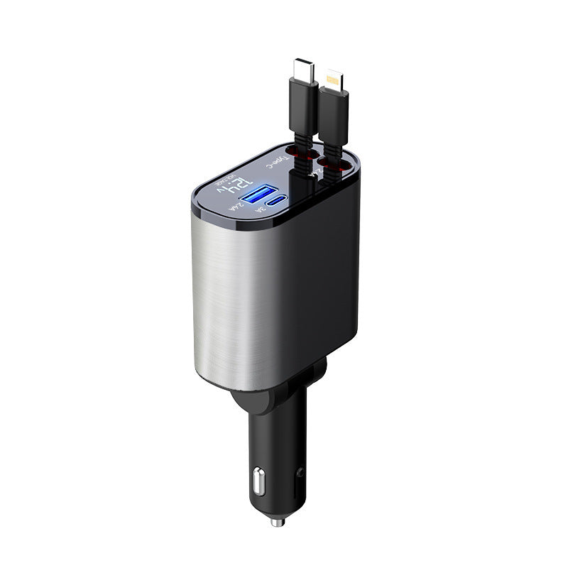 Metal car charger with USB and Type-C ports, super fast 100W charging adapter.