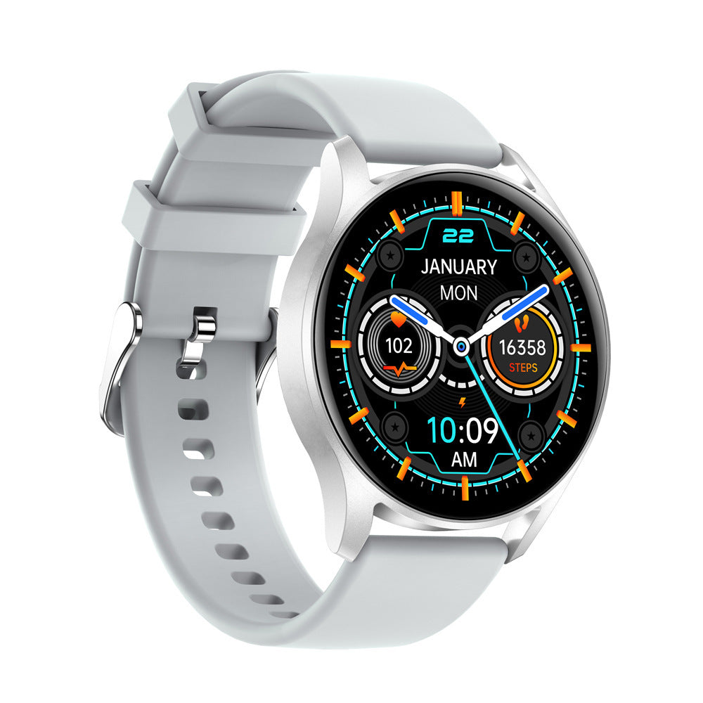 Silver Bluetooth call smartwatch with white TPU strap and digital fitness display