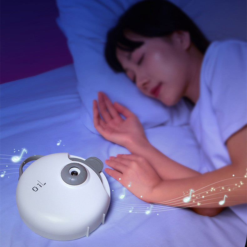 White round romantic atmosphere light projector on bed near sleeping woman with musical notes illustration for bedroom ambiance