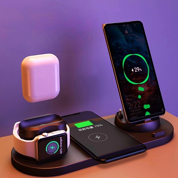 6 in 1 wireless charging dock station for iPhone, watch, and earbuds with fast charging capability.